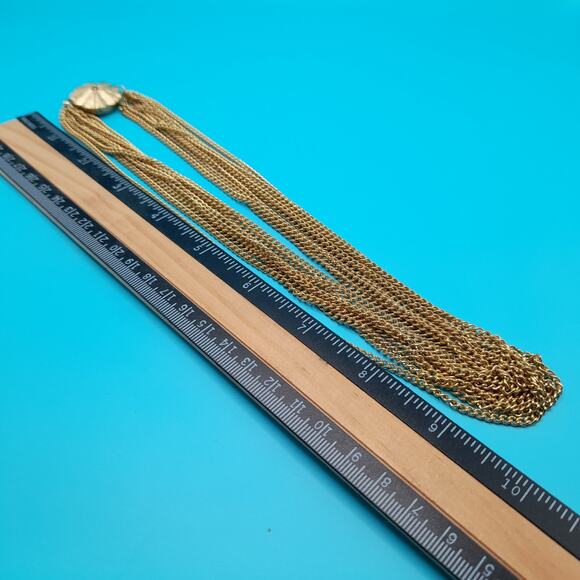 Vintage Japan Multi-Strand Gold Tone Necklace, Layered Chains, Floral Clasp, 19 - Picture 5 of 10